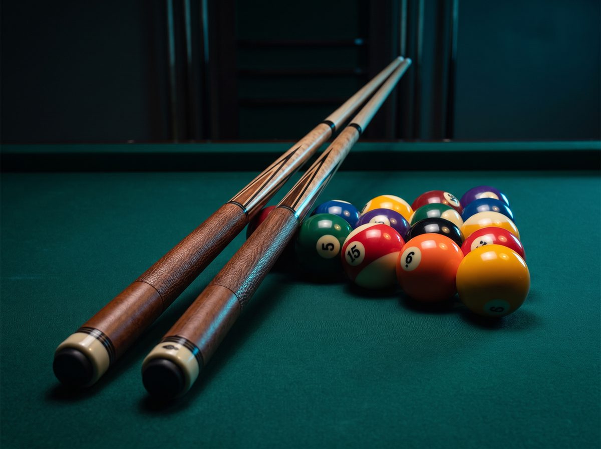 Two cue sticks resting beside a racked set of billiard balls on green felt