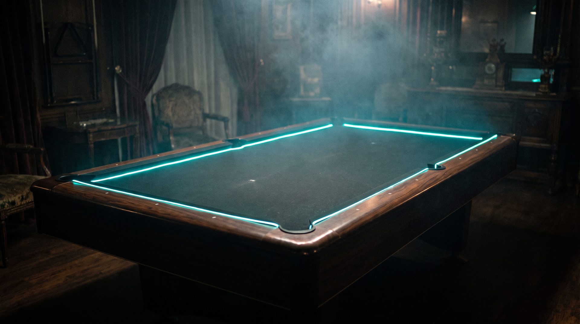 A professional pool table glowing with teal rail lighting in a dark room