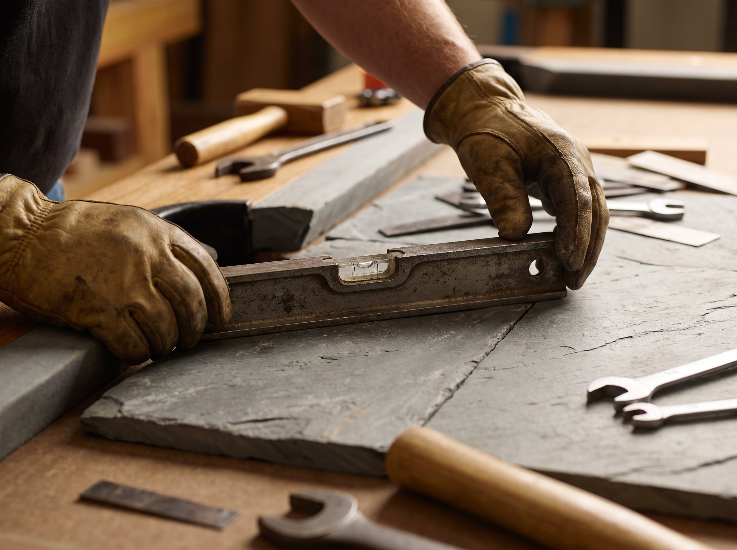 Levelling a pool table slate with a precision machinist level during installation