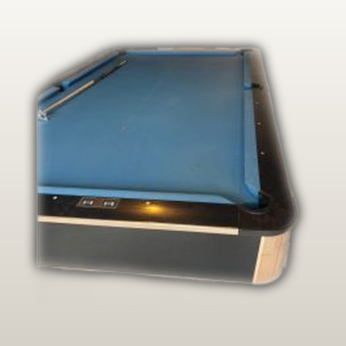 Corner detail of the black Crown pool table showing rail and pocket