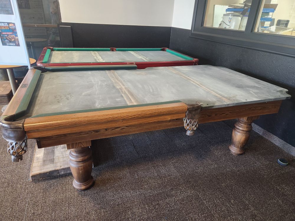 Dufferin oak pool table with slate top and teardrop leather pockets